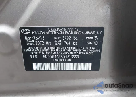 2013 Hyundai Elantra Gls z USA, uszkodzony, nr VIN 5NPDH4AE6DH313669